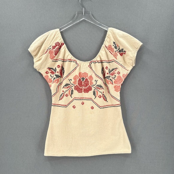 LEEBA MARKS Vintage Shirt Womens Large Cream Embroidered Boho Peasant - Picture 2 of 12